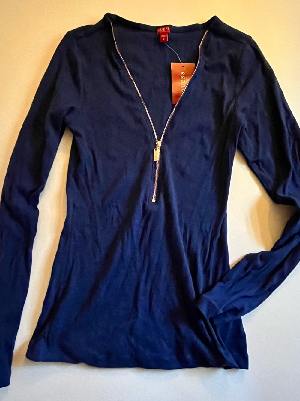 NWT GUESS Royal Blue Zip-Front Ribbed LS Top Women’s Size M